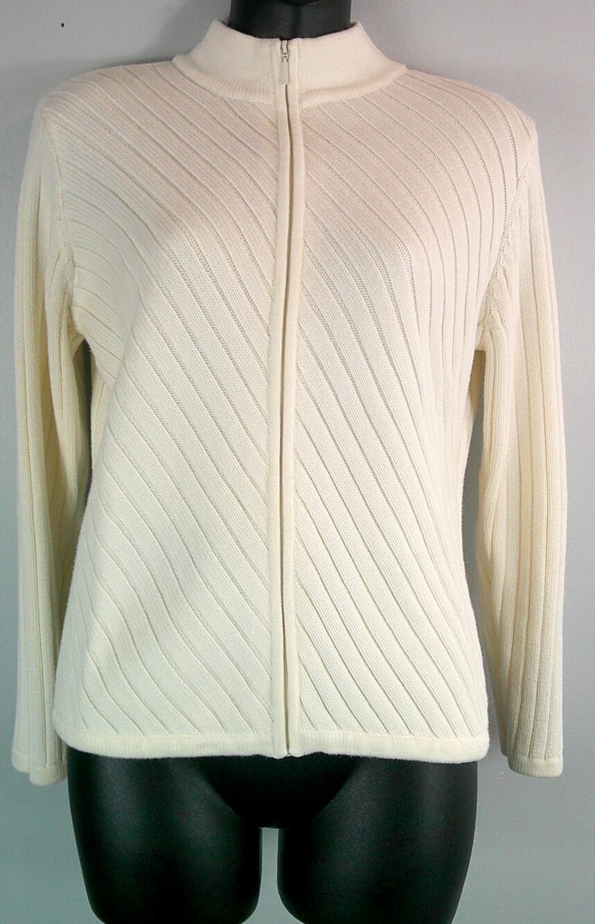 Talbots Full Zip Woven Sweater Women's Small Cream Off White